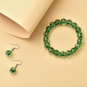 Murano Style Green Color Glass Beaded Stretch Bracelet and Dangle Earring Set
